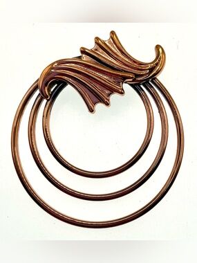 Vintage Renoir Copper Brooch Mid Century Modern Triple Hoop Abstract Leaf Design